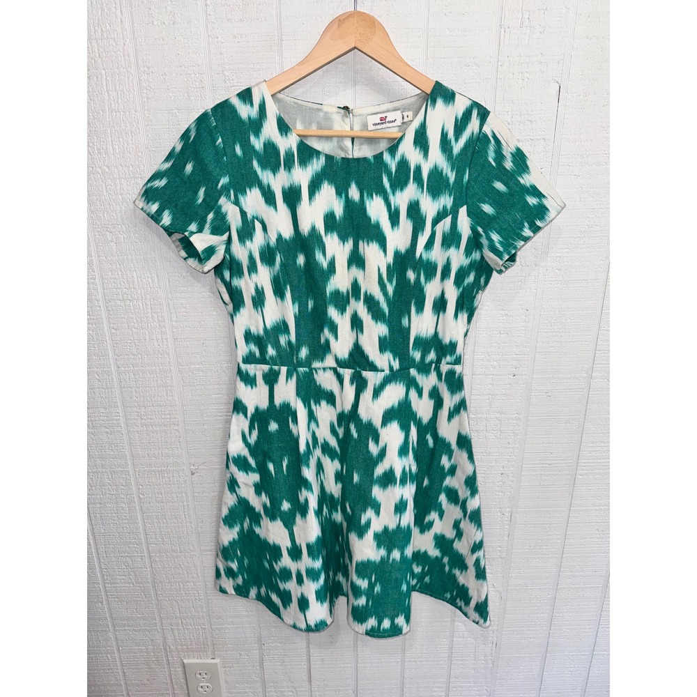 Vineyard Vines Dress Womens Green White Ikat Fit Flare Short Sleeve 6